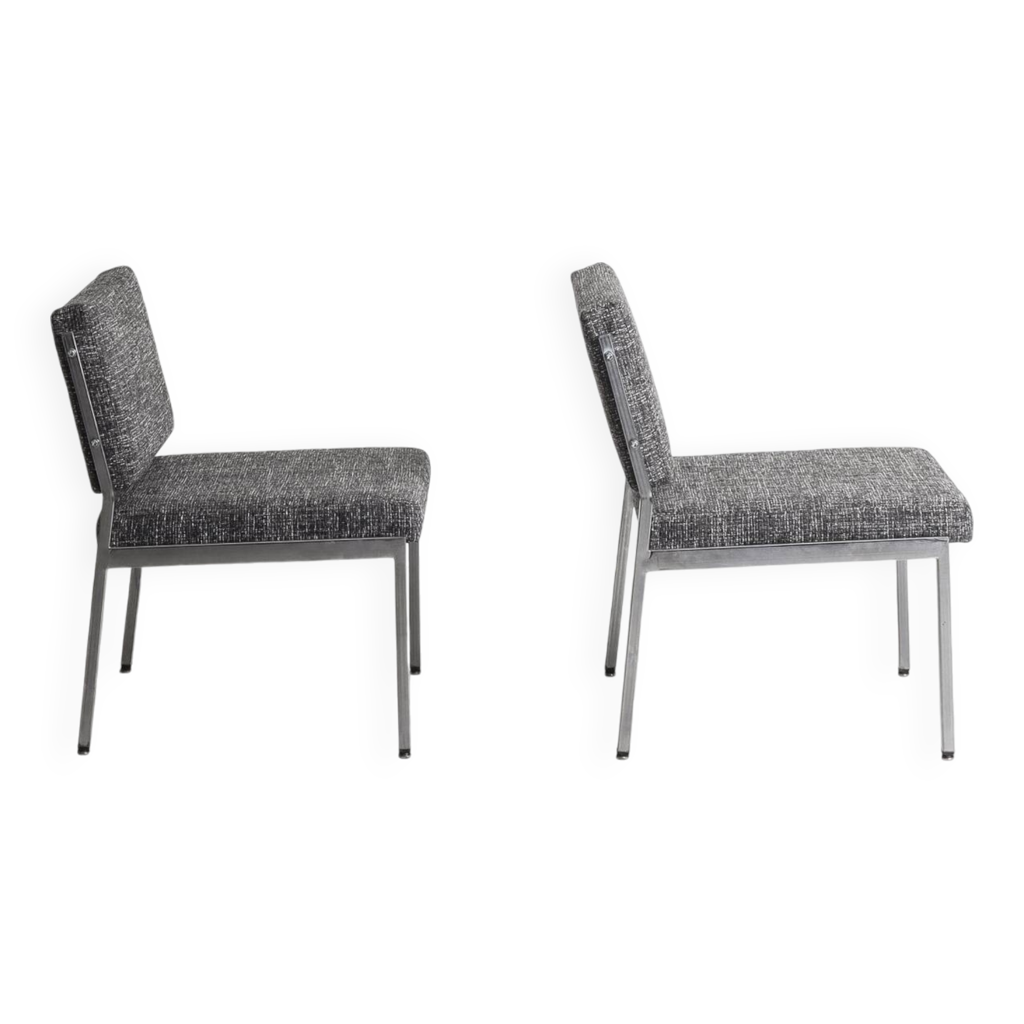 Pair of vintage armchairs in metal and gray fabric, renovated