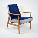 Fauteuil d’origine « Fox » restauré design H.Lis années 1970, pied de poule bleu