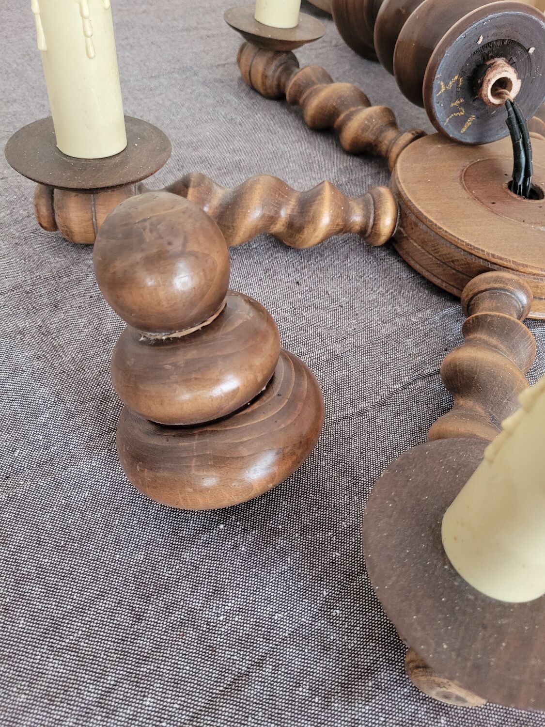 6-branched wooden chandelier from the 60s