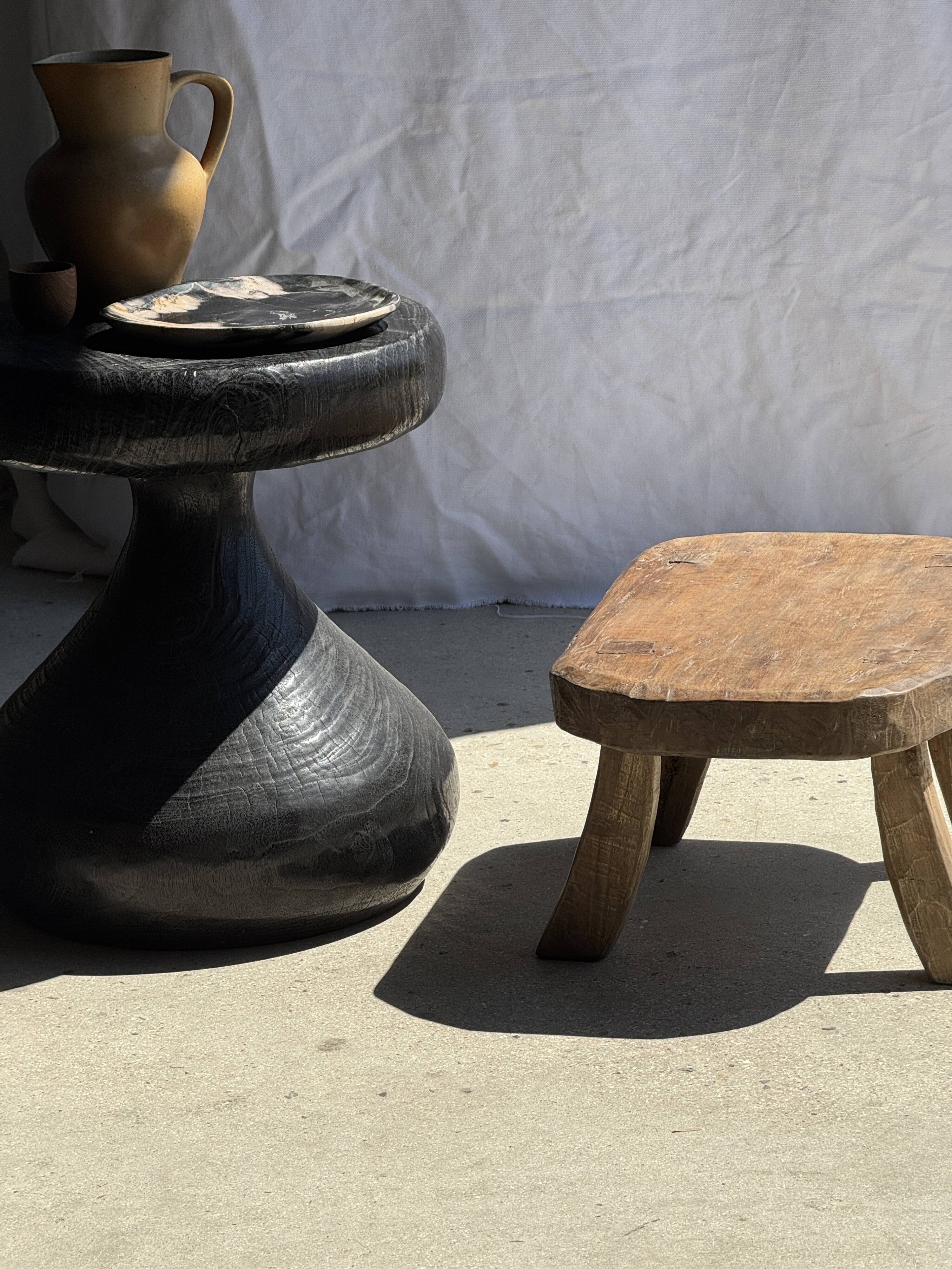 Small stool, oval solid teak accent stool wabi-sabi H25 45x31.