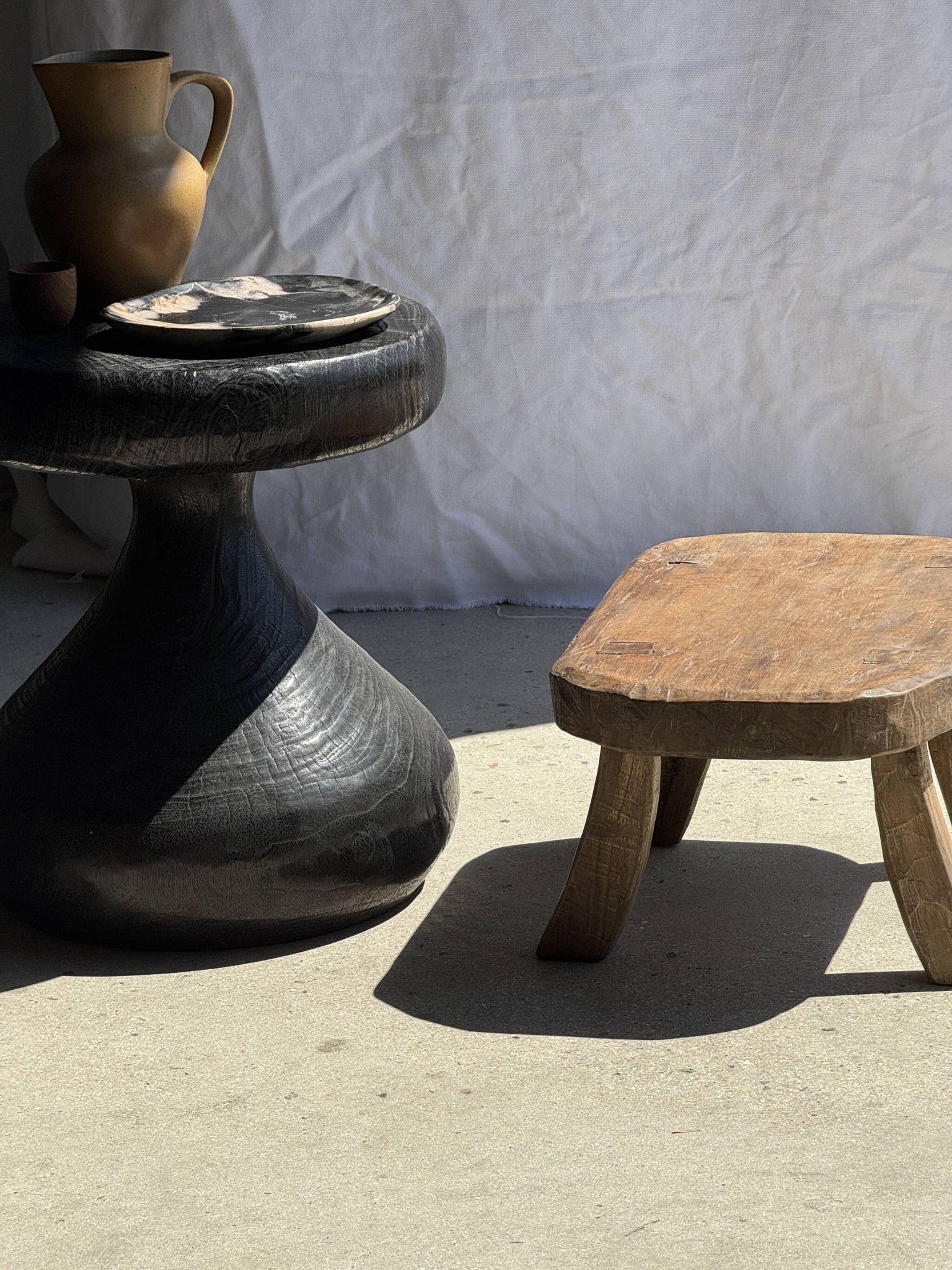 Small stool, oval solid teak accent stool wabi-sabi H25 45x31.