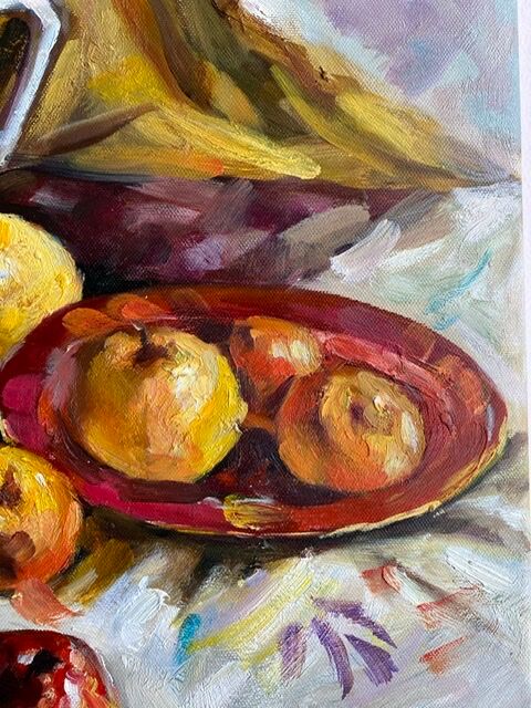 Ancient painting, still life with fruit, vase and teapot, signed, 20th century