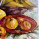 Ancient painting, still life with fruit, vase and teapot, signed, 20th century