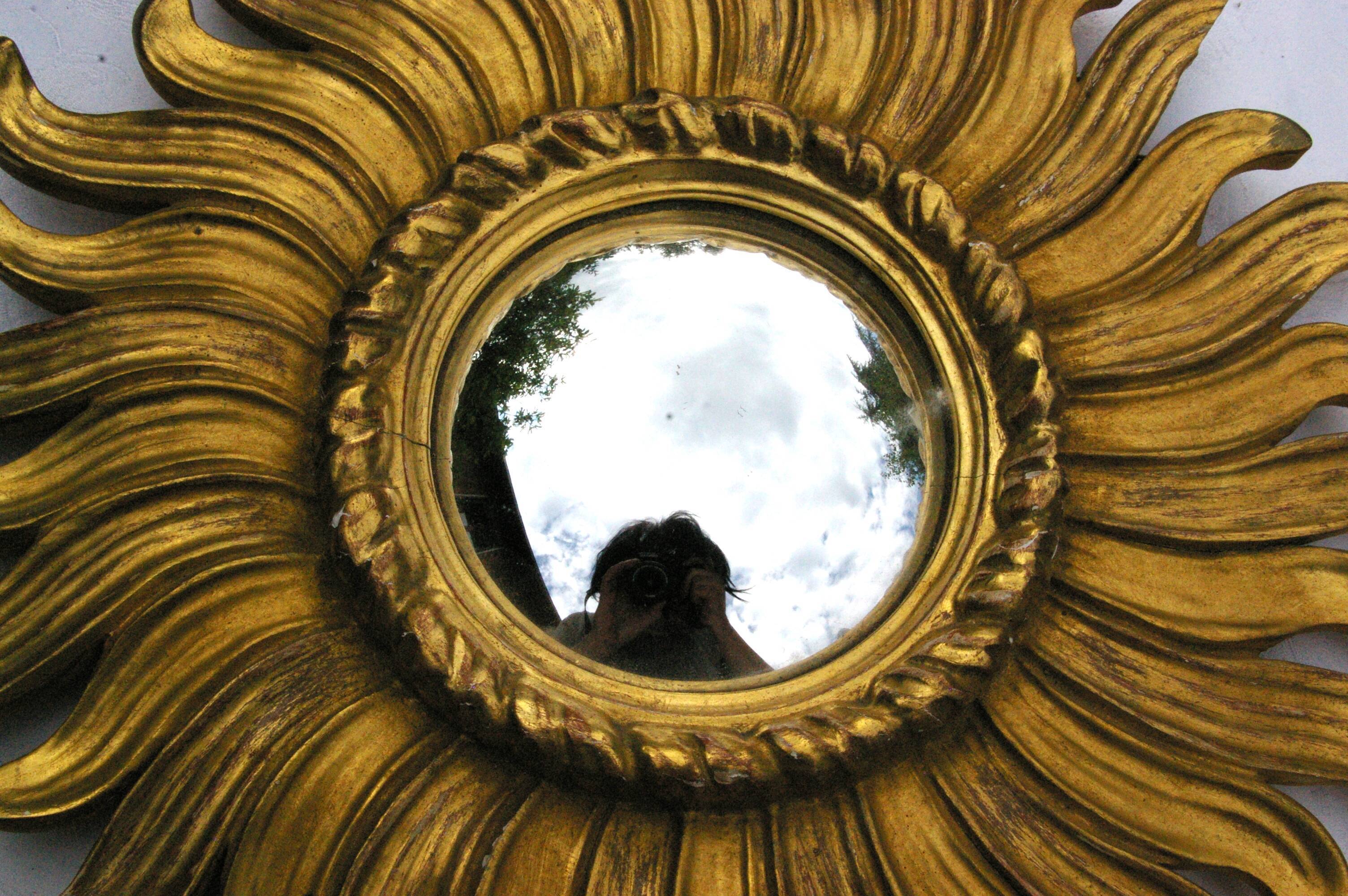 Old mirror sun domed golden wood "witch's eye"