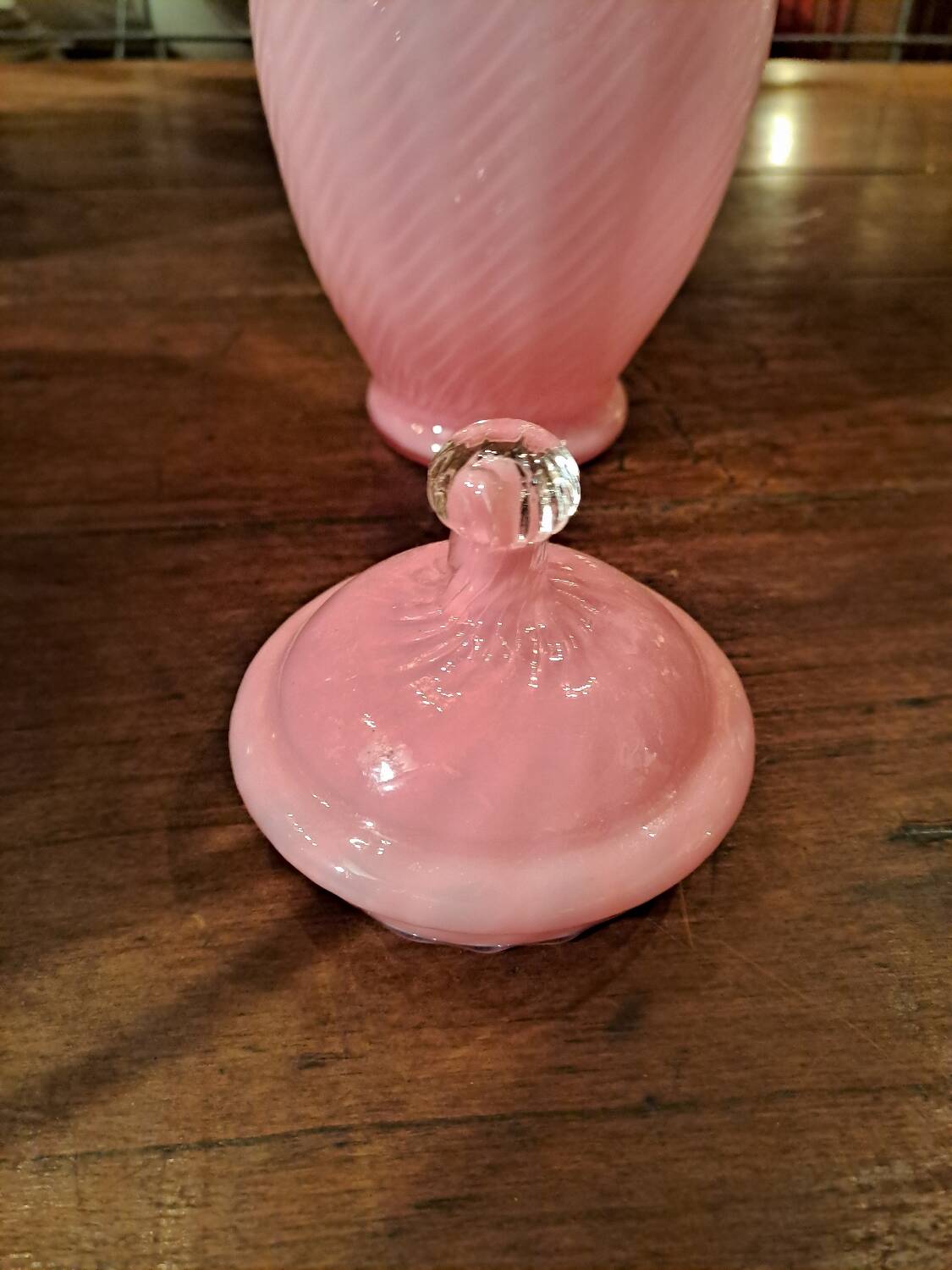 Opalescent pink glass cotton pot