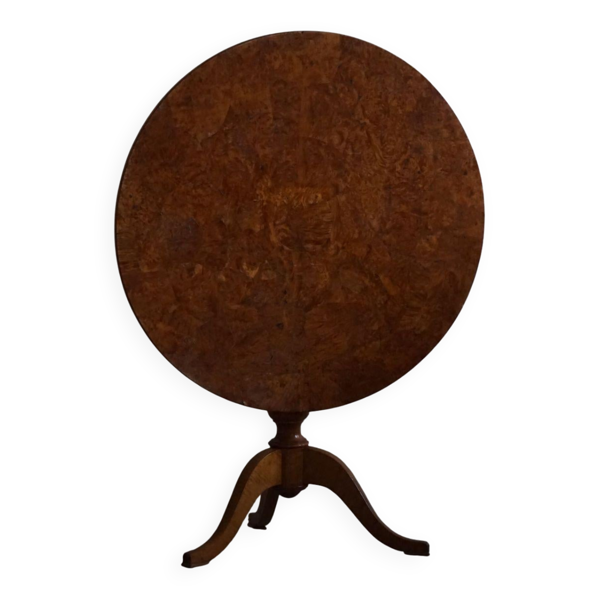 Antique Swedish round folding table in burl wood, early 19th century.
