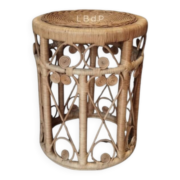 "Peacock" stool in rattan, bohemian chic design, vintage era.