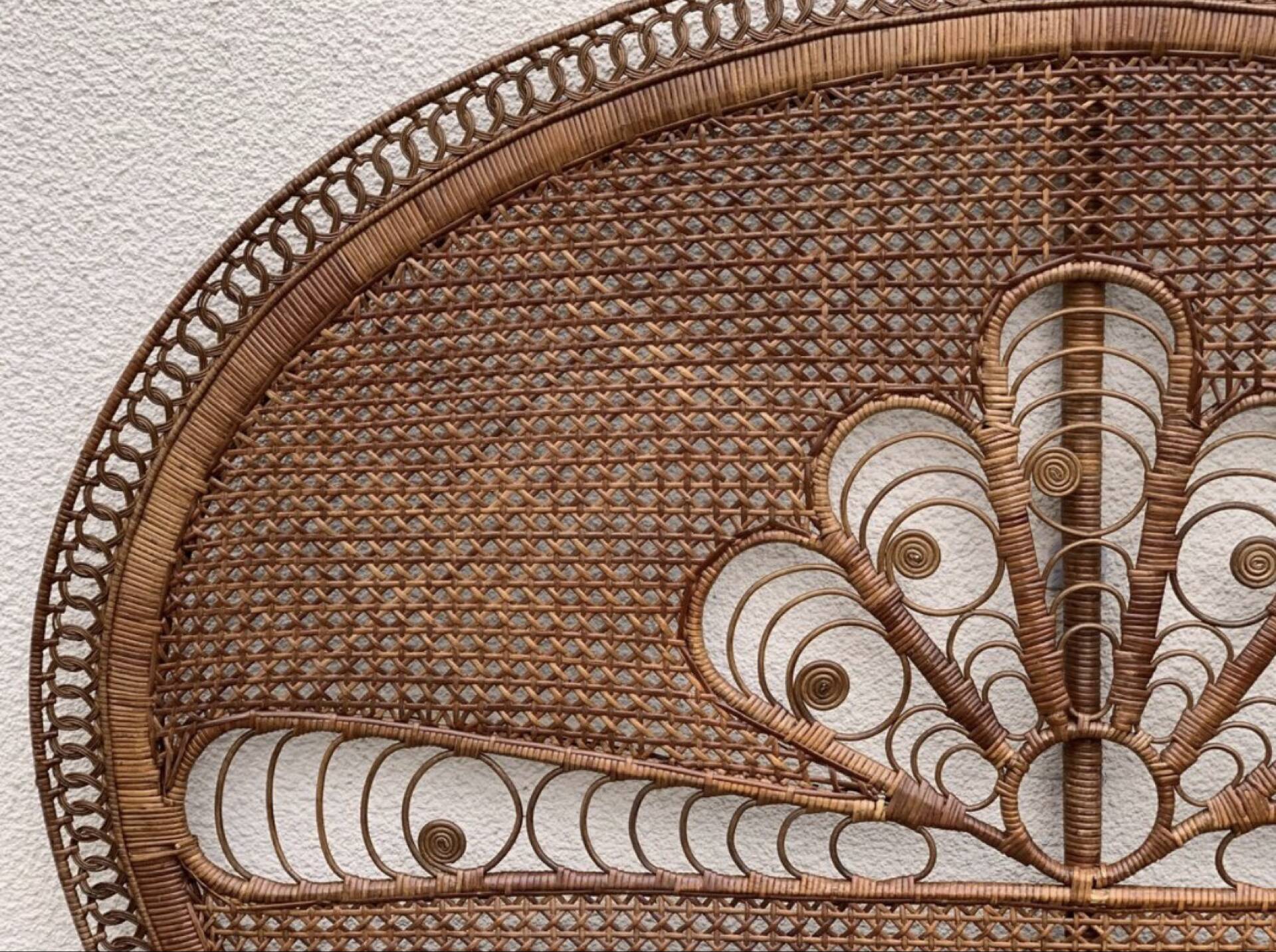 Large vintage headboard in woven rattan fan / Peacock 180cm