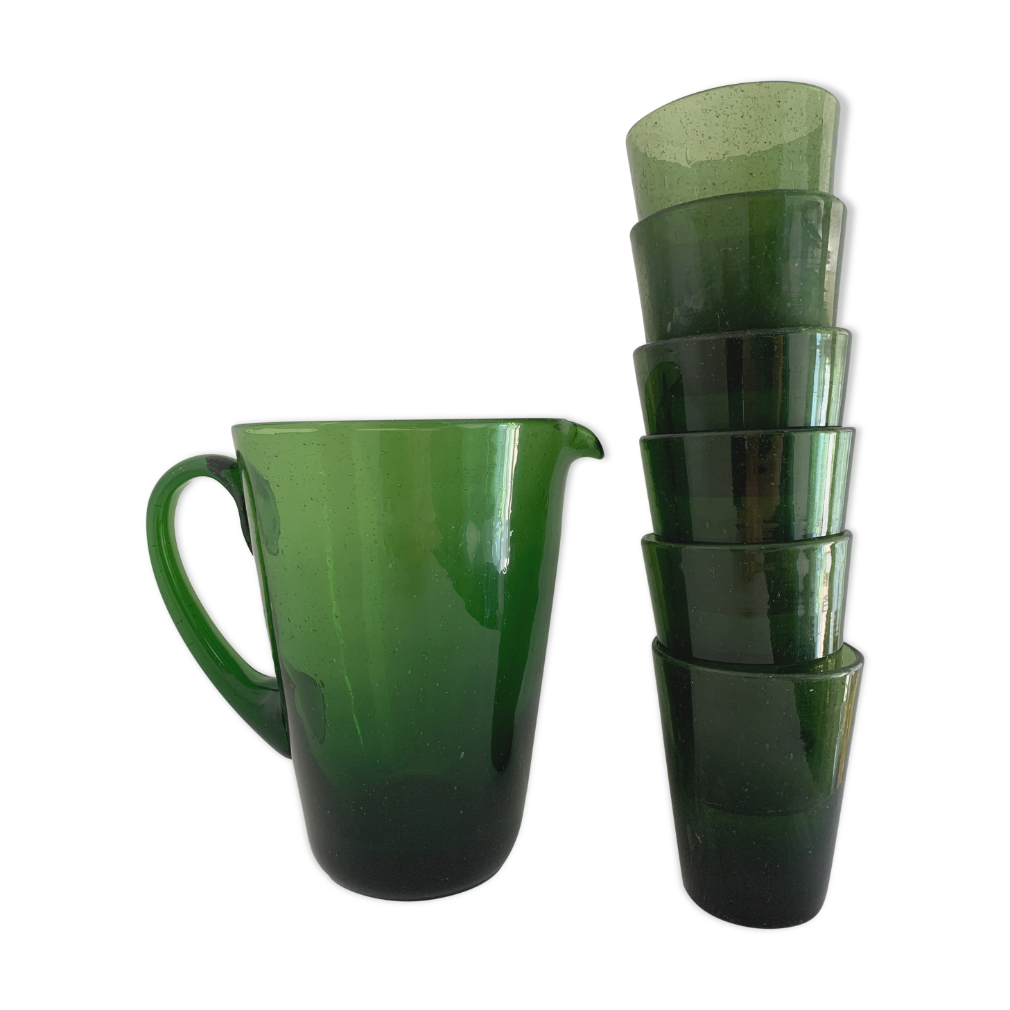 Carafe et 6 verres en verre vert bullé