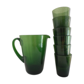 Carafe and 6 glasses in bulled green glass
