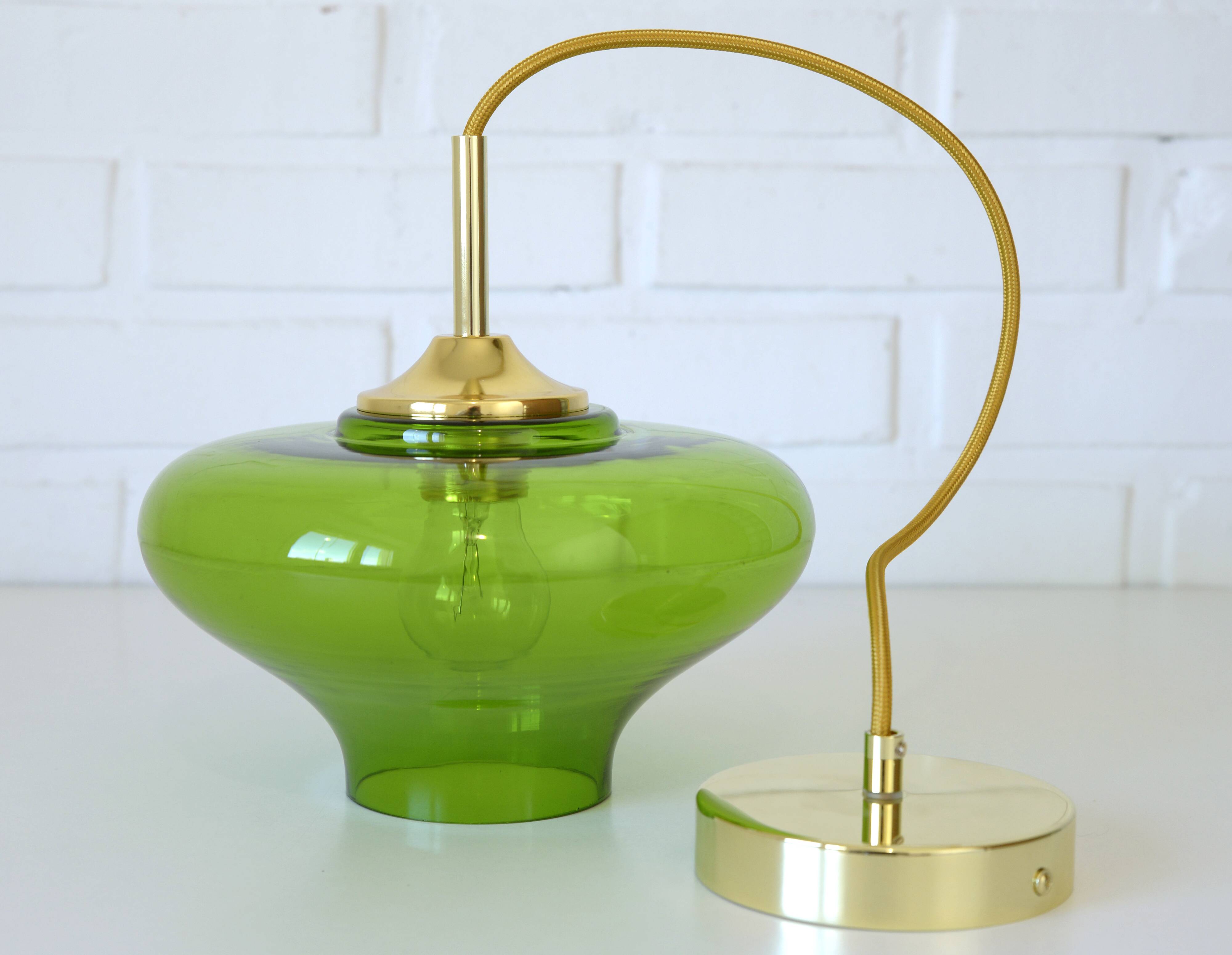 Vintage Pendant Light  Hand Blown Green Glass MCM Bar Hanging Cool Lamps