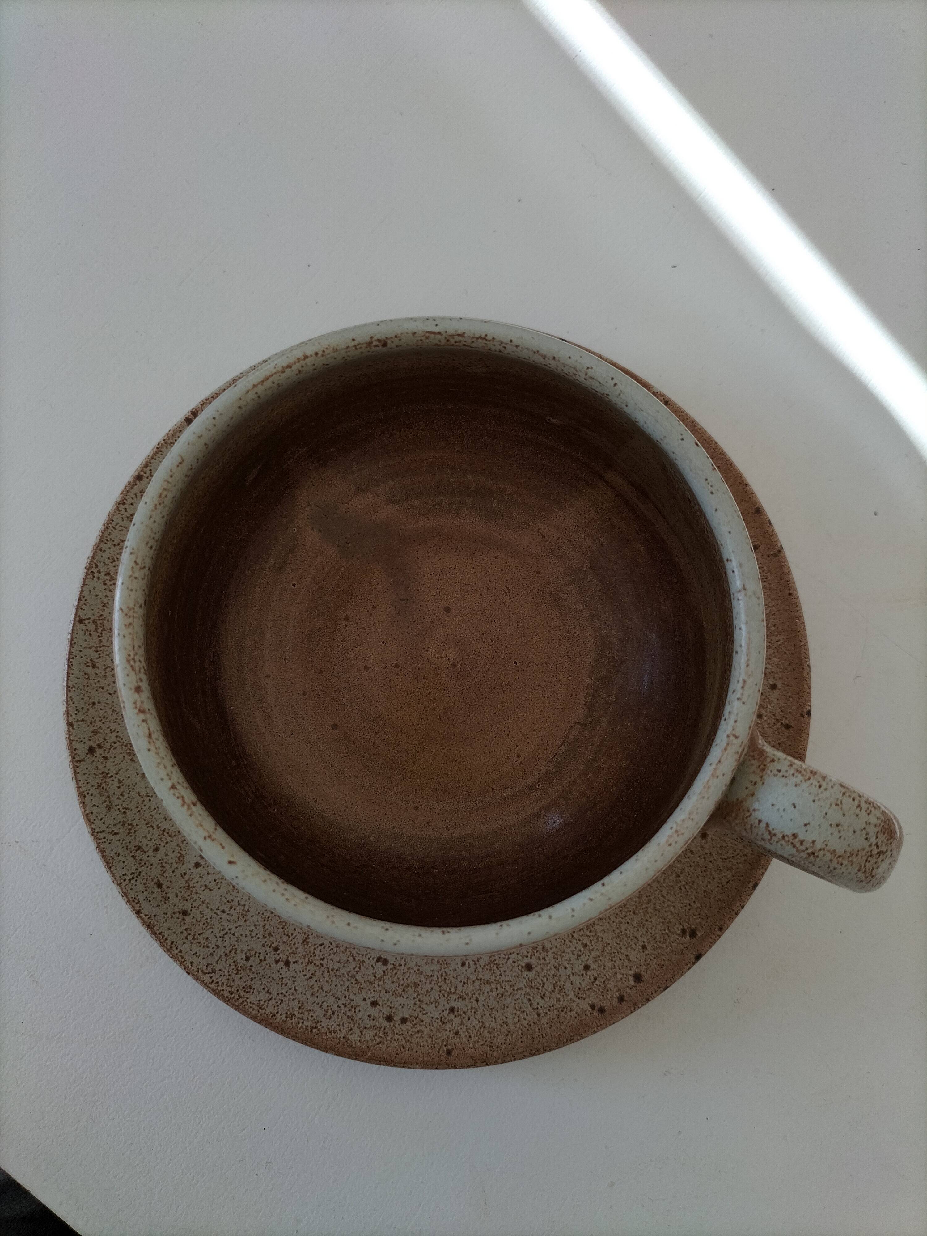 Large stoneware cup and saucer with floral decoration – 1970s