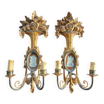 Antique Italian Firenze medallion wooden wall lights