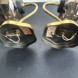 Pair of antique gold-plated brass and smoked glass wall lights.