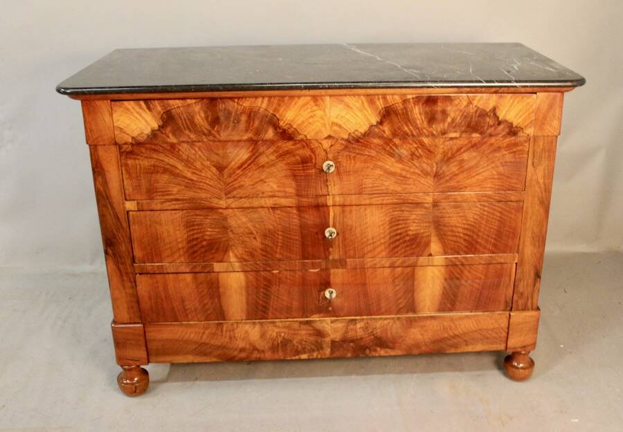 Restoration period commode with walnut burl, marble top.
