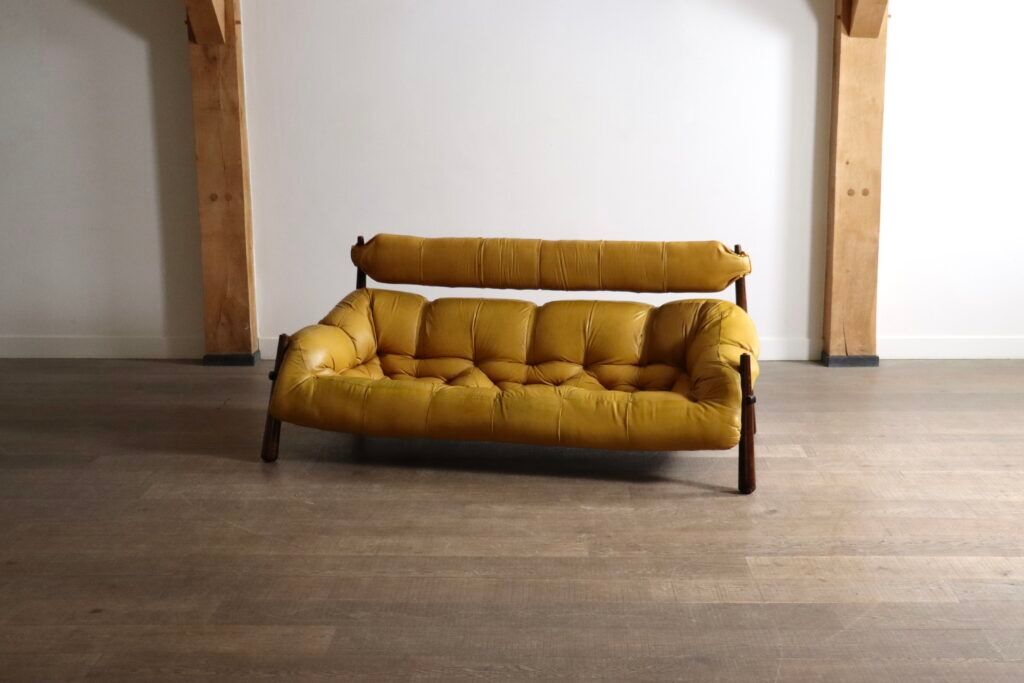 Percival Lafer MP-81 three seater sofa in yellow leather, Brazil 1970s