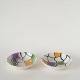 Pair of ceramic ramekins, abstract patterns in yellow, purple, and green, Pornic model, 1960.