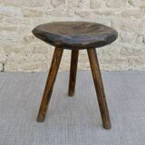 Tripod stool made of carved solid wood, handcrafted, around 1950.