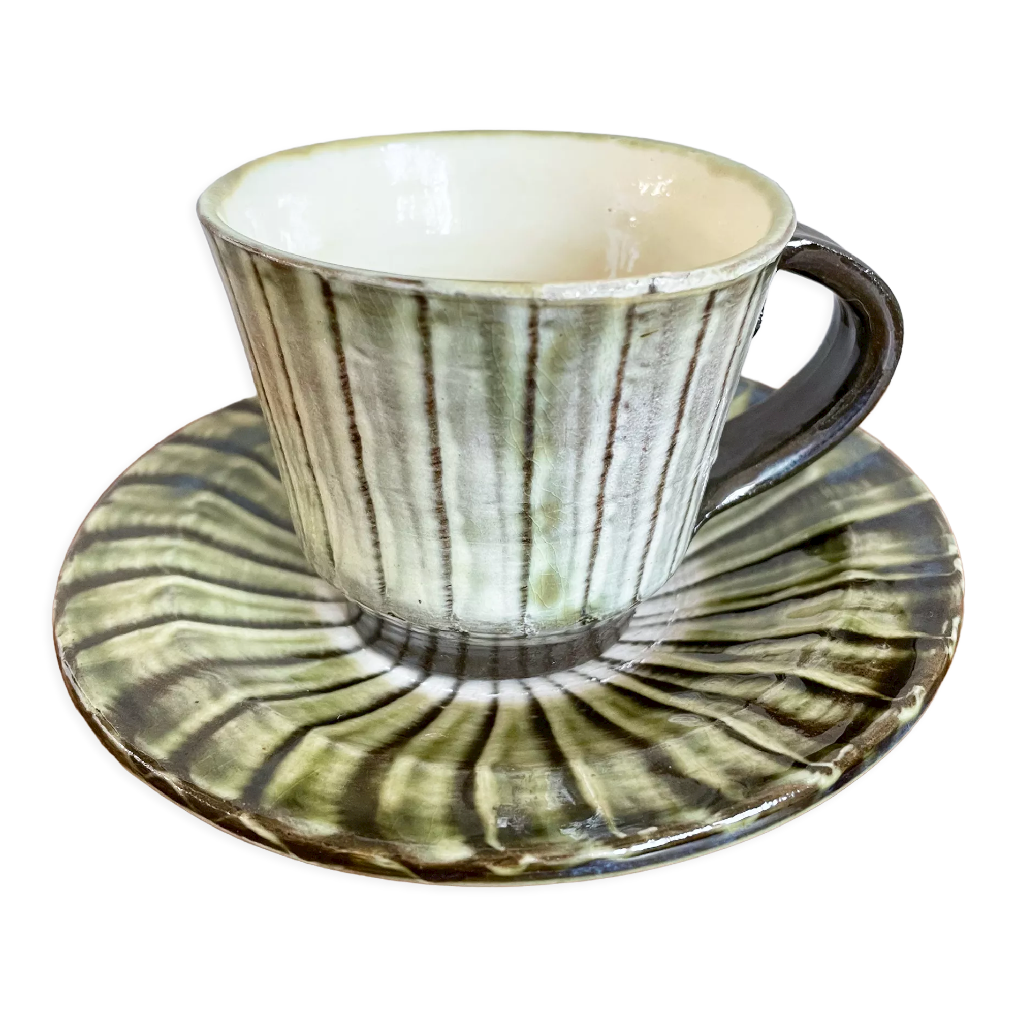 Onta-yaki ware - green and white ceramic teacup with saucer - japanese traditional handmade pottery