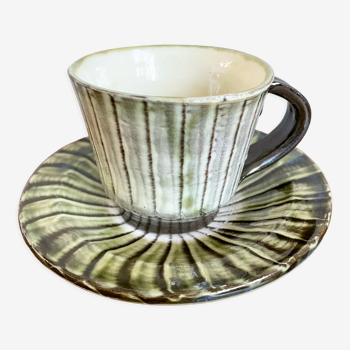 Tasse en céramique verte et blanche avec soucoupe, japonaise faite à la main