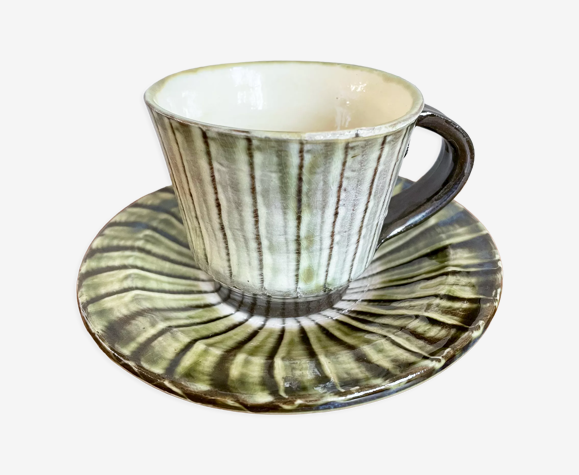 Tasse en céramique verte et blanche avec soucoupe, japonaise faite à la main