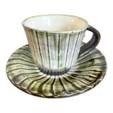 Onta-yaki ware - green and white ceramic teacup with saucer - japanese traditional handmade pottery