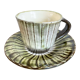 Onta-yaki ware - green and white ceramic teacup with saucer - japanese traditional handmade pottery