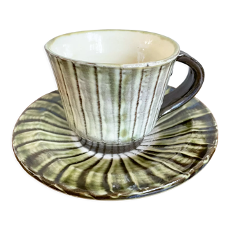 Onta-yaki ware - green and white ceramic teacup with saucer - japanese traditional handmade pottery