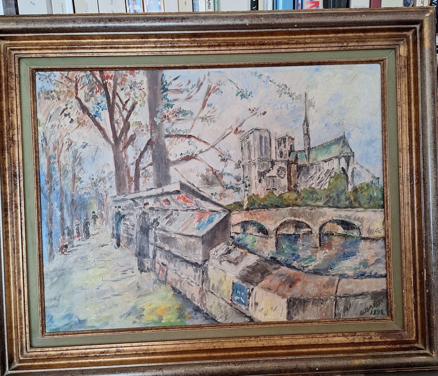 Oil painting depicting the Quai de Seine and booksellers.