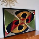 Large psychedelic design painting with multicolored stitch and thread from the 1970s