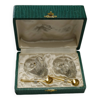 box of a pair of Baccarat crystal salerons with its 2 small golden spoons