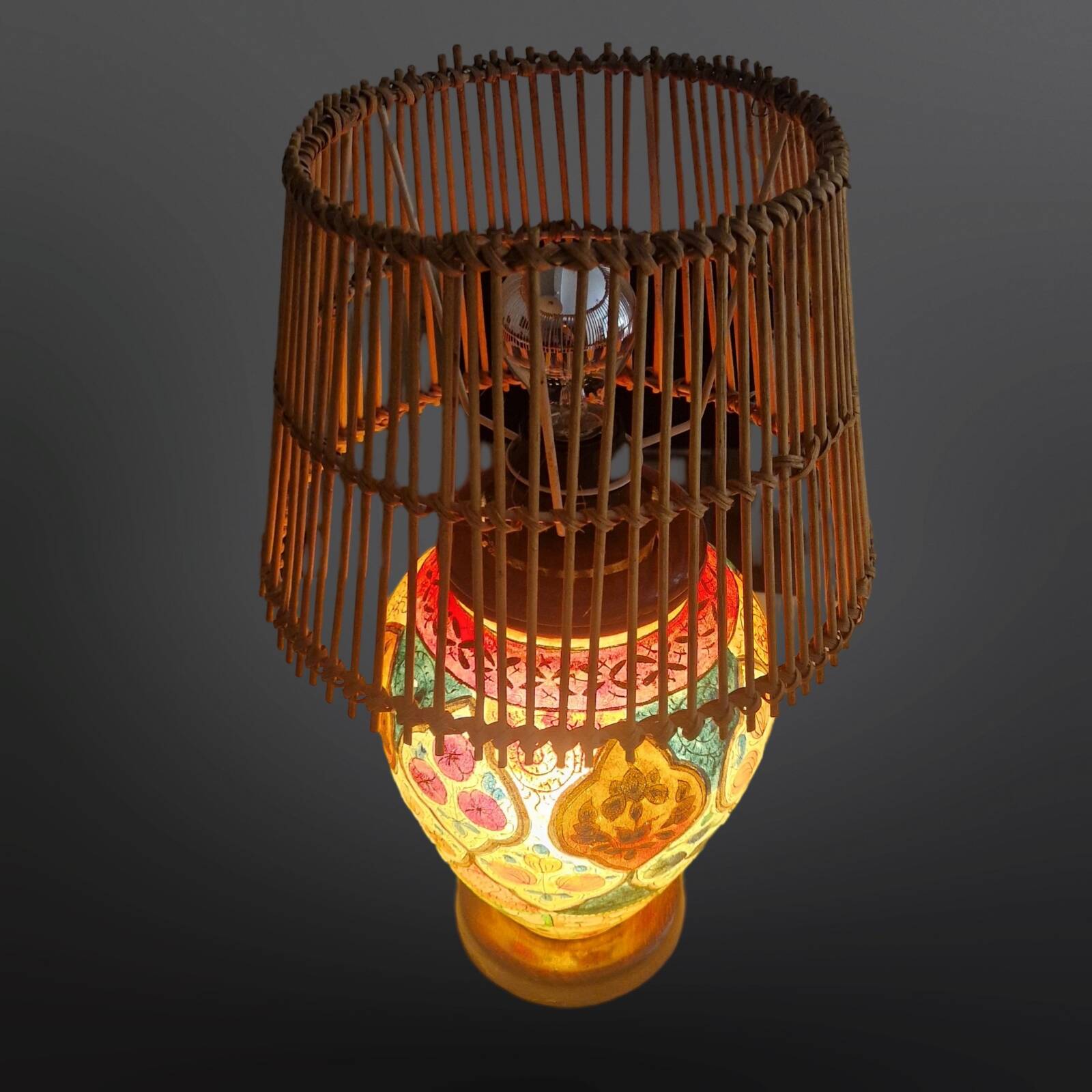 Oriental leather hand painted table lamp, Middle East 1960s