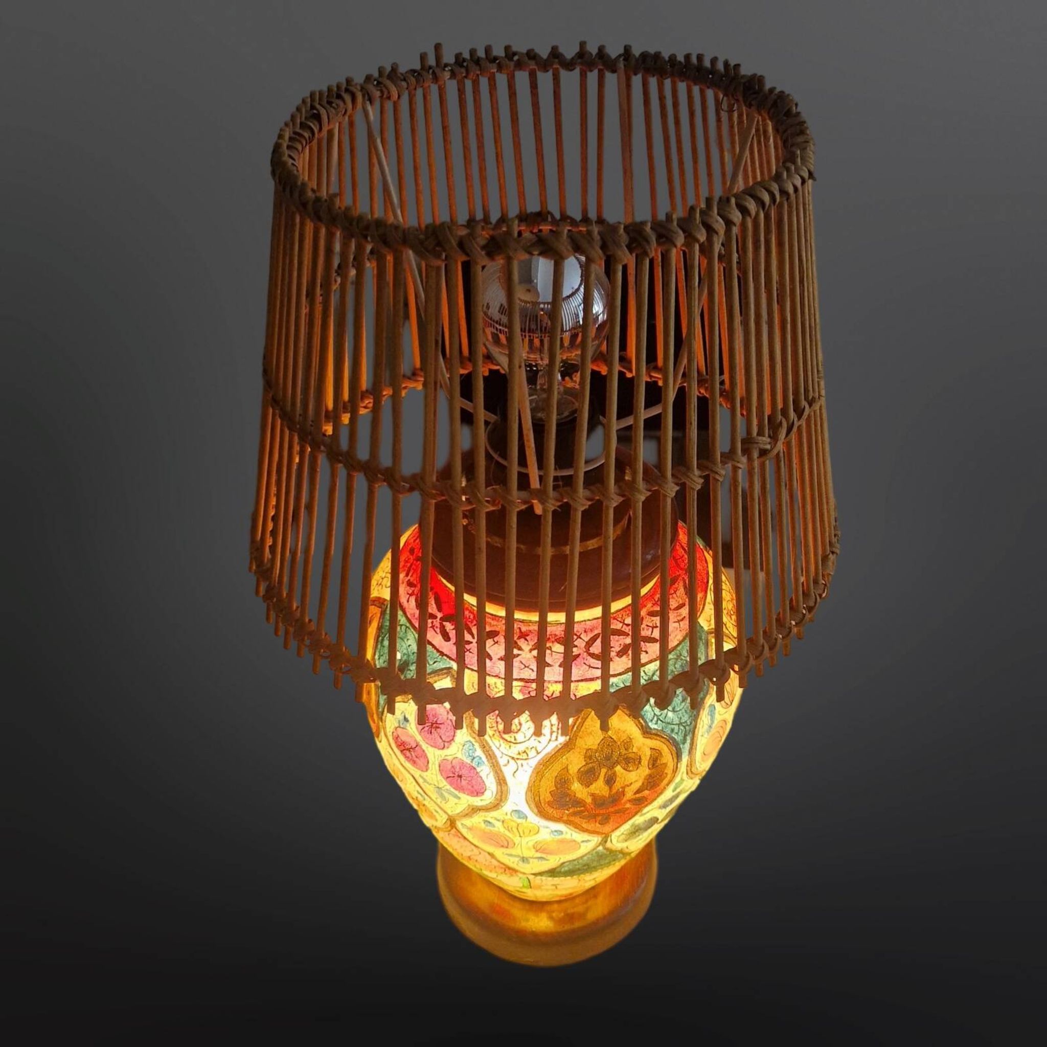 Oriental leather hand painted table lamp, Middle East 1960s