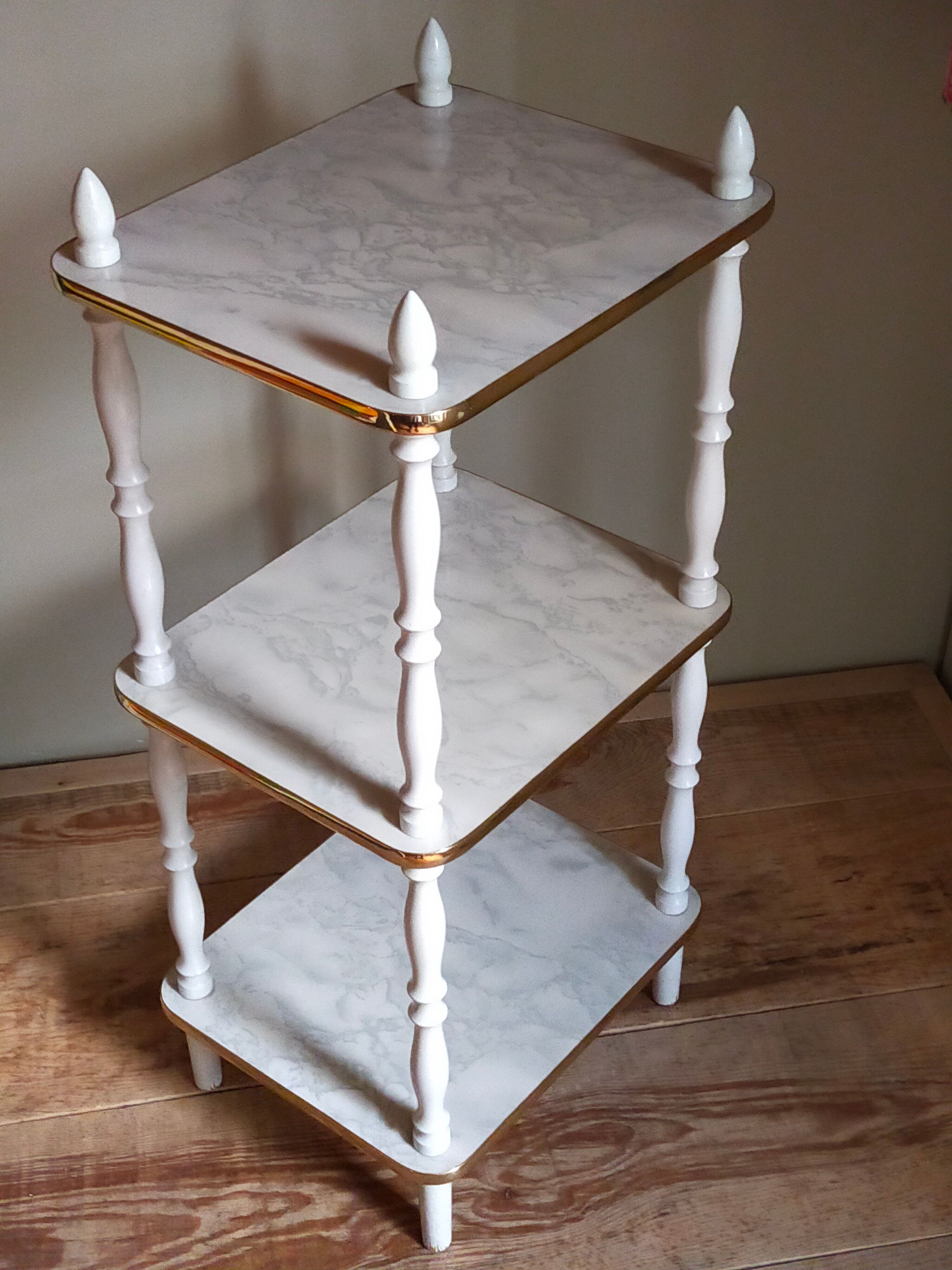 Solid turned wood and formica faux marble shelf to install wood 60s