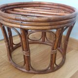 Rattan wicker pouffe from the 70s with cushion.