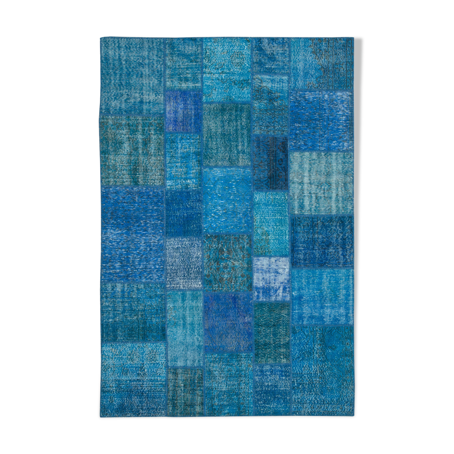Hand-knotted oriental overdyed 205 cm x 305 cm blue patchwork carpet