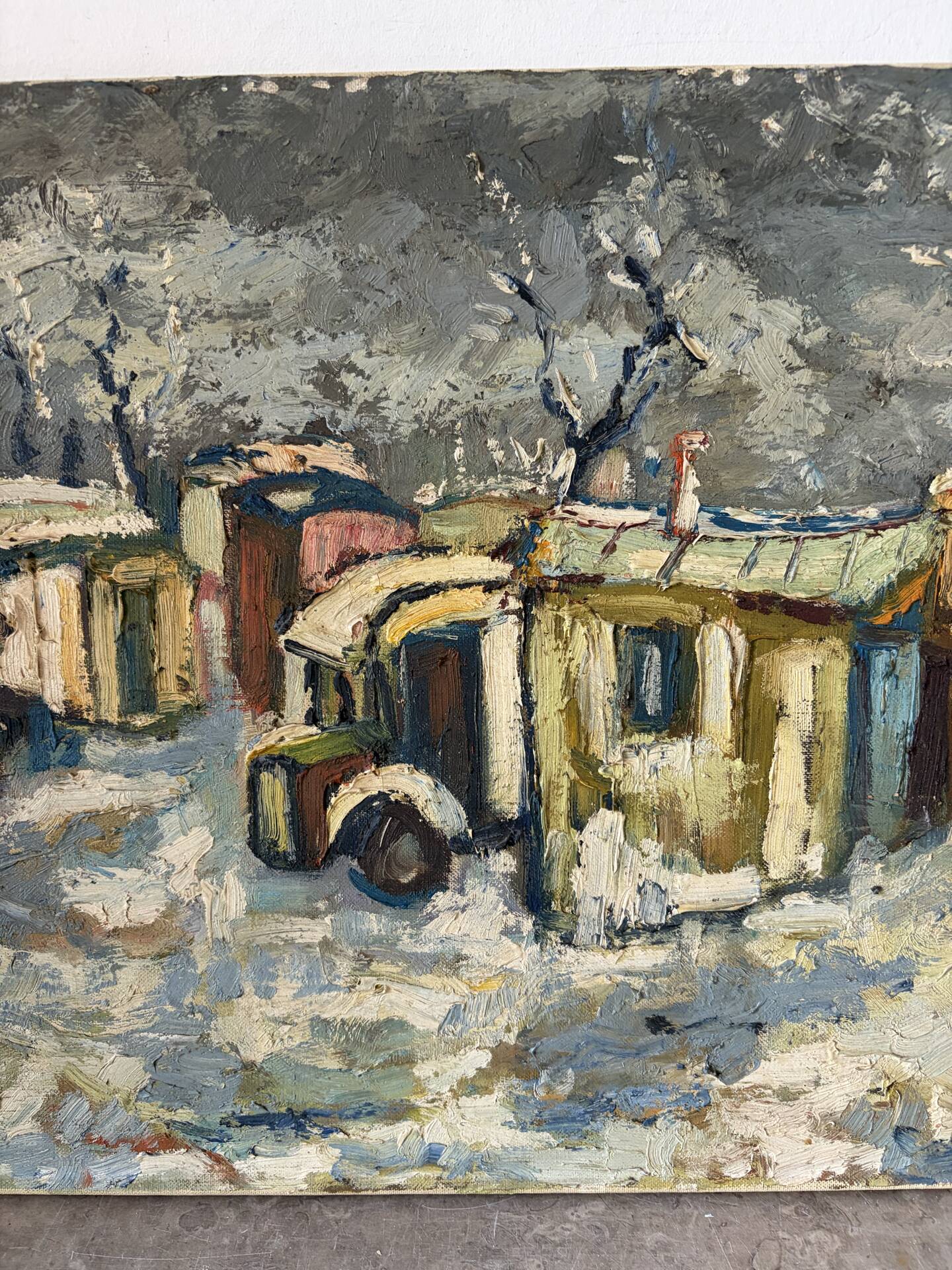 Snowy village, knife oil, signed