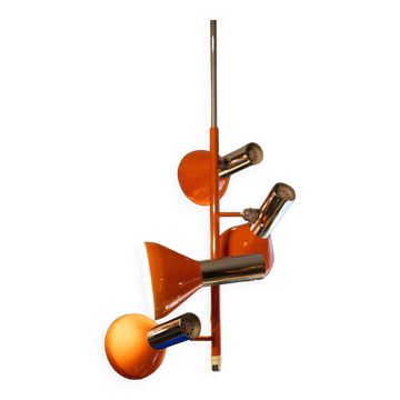 Vintage 4-spot pendant light / adjustable chandelier, chrome-plated & orange lacquered steel, Space Age design, 70s