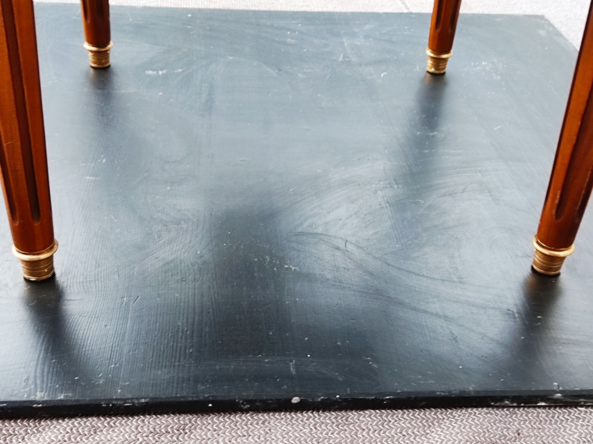 French hot water bottle table in Louis XVI style (1890); marble top and bronze gallery