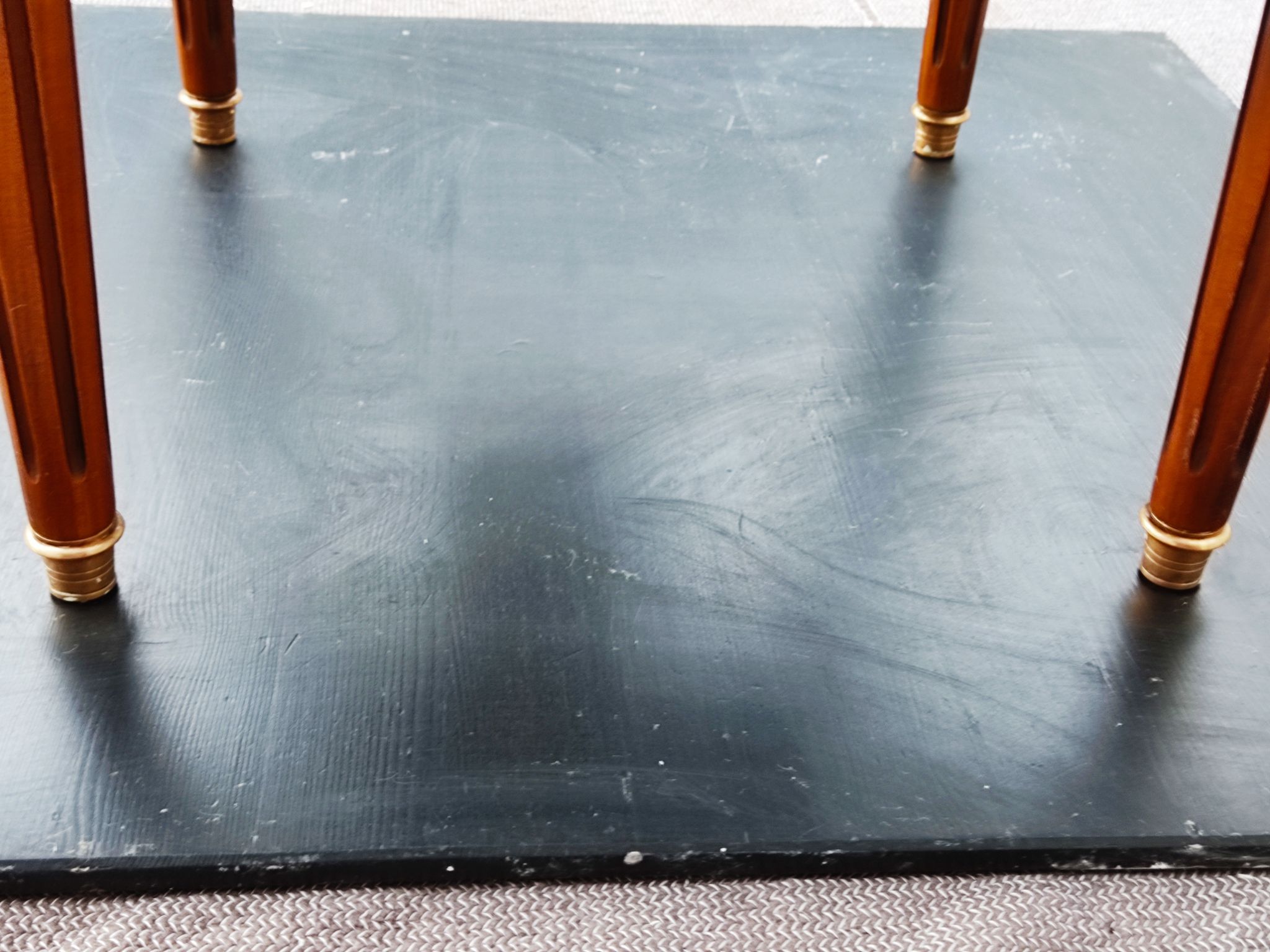 French hot water bottle table in Louis XVI style (1890); marble top and bronze gallery