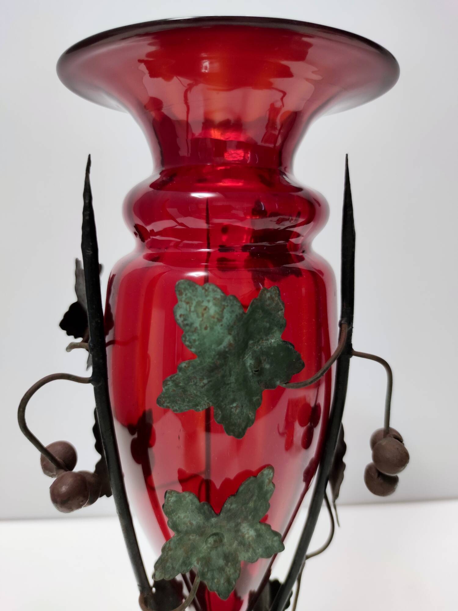 Ruby Red Murano Glass Vase with Iron Grape Vines Ascribable to Umberto Bell