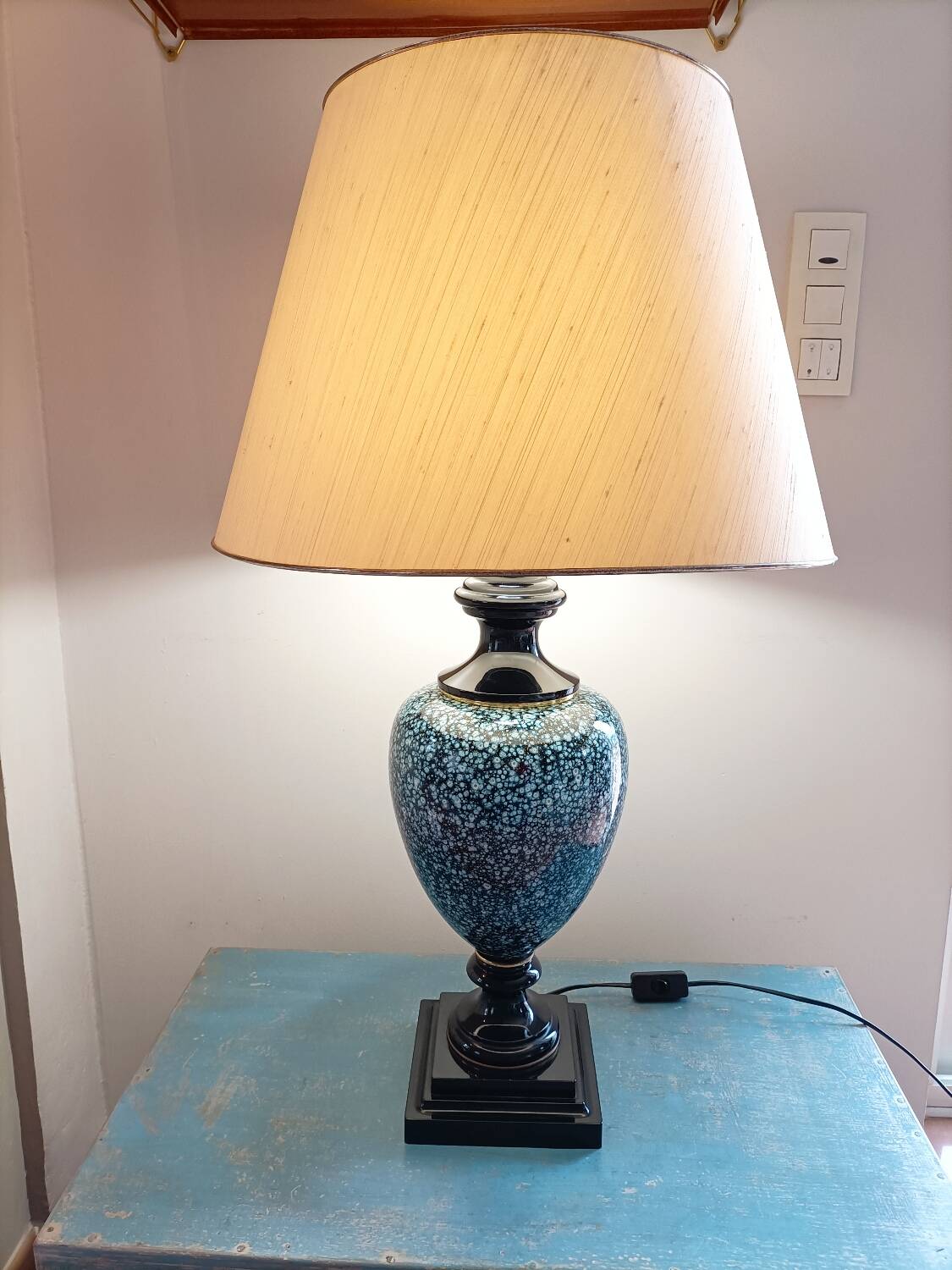 Large ceramic lamp base in blue, gold and black