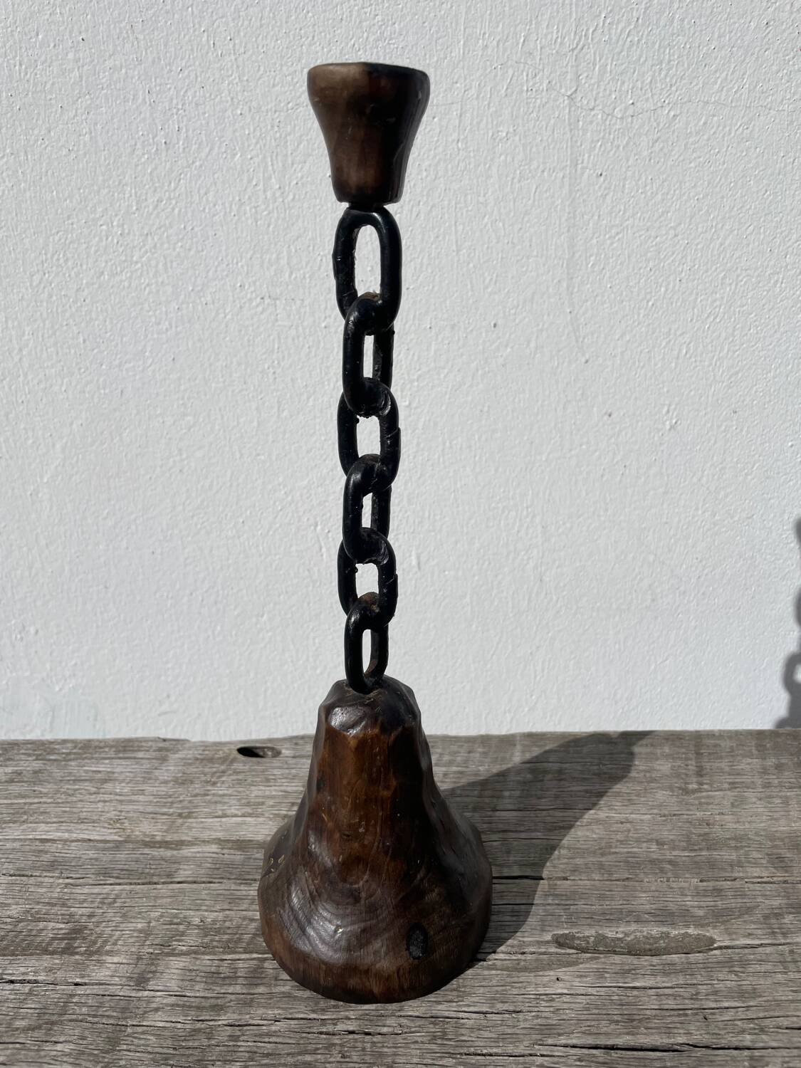 Brutalist wood and metal chain candle holder