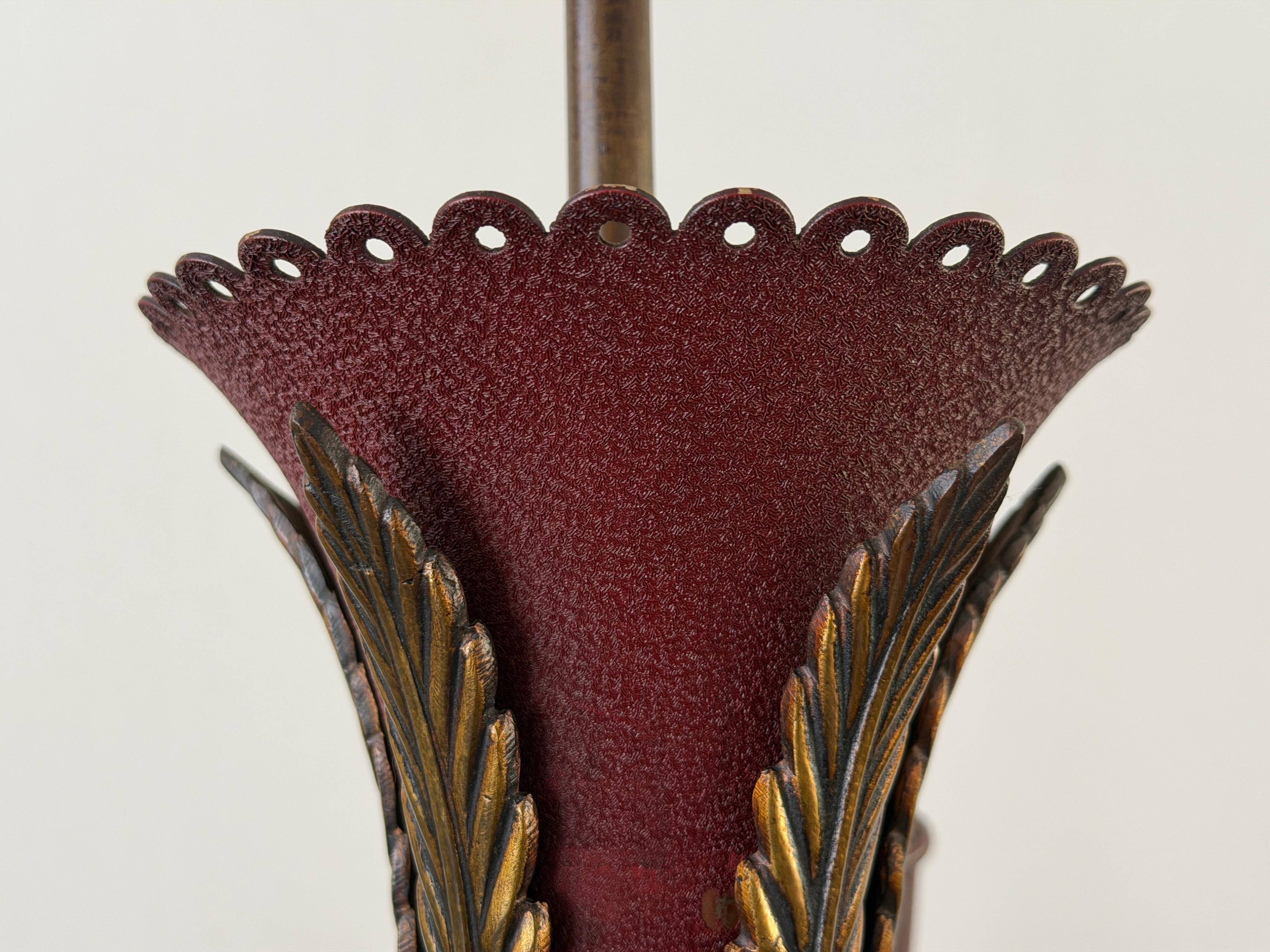 Large Burgundy brass chandelier with 15 arms, 1950, Italy