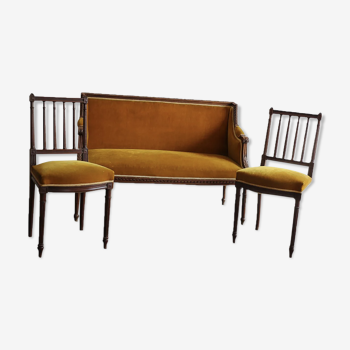 Two-seater louis XVI Directoire style bench and its two chairs