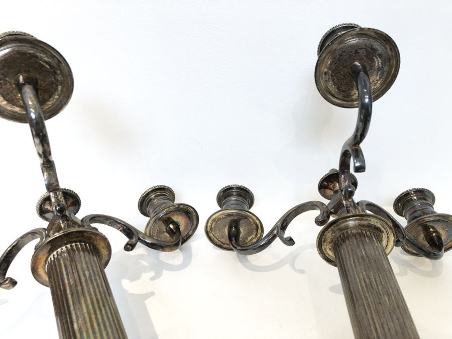 Pair of silver metal candle holders, 1950