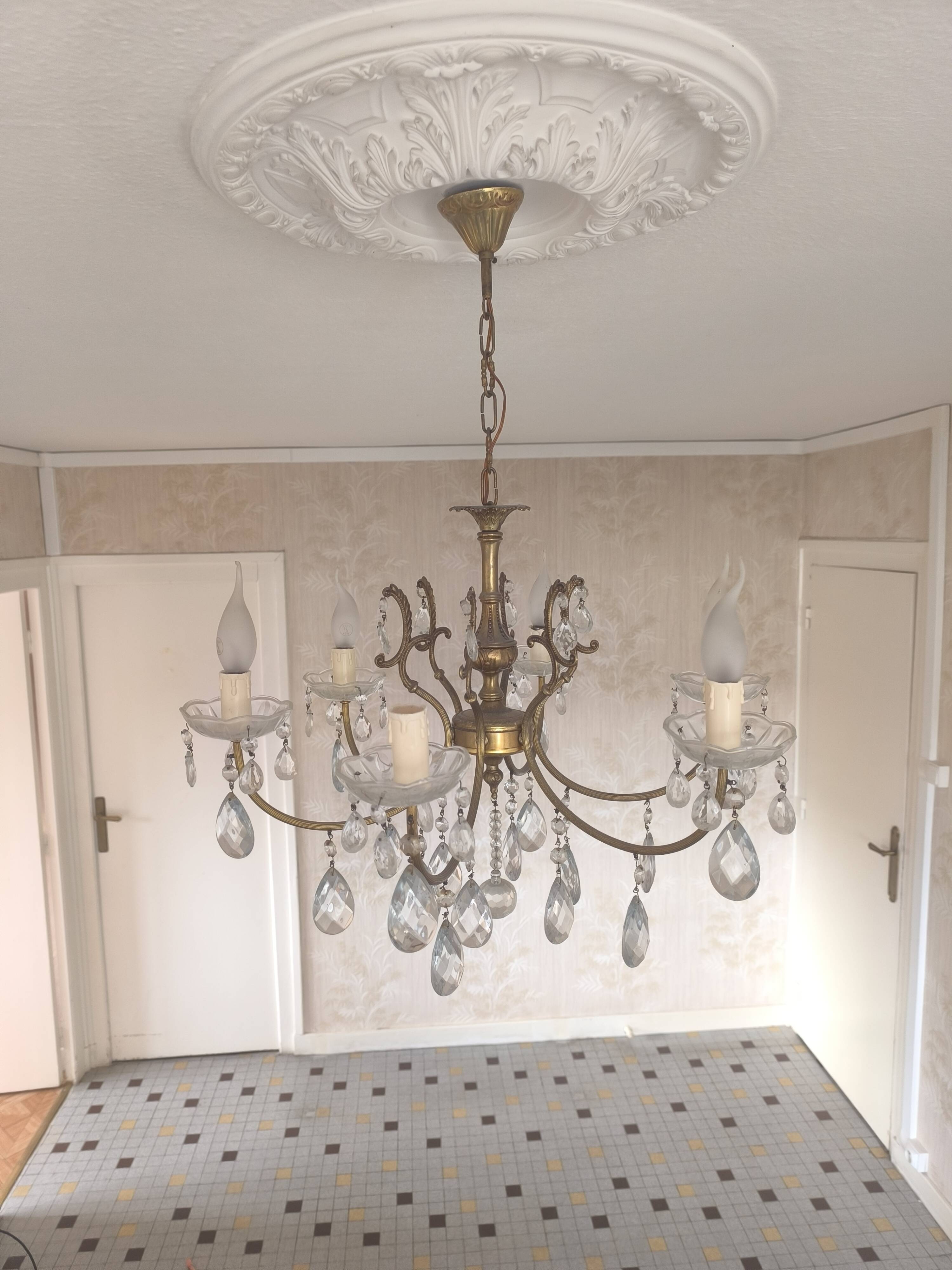 Vintage brass and crystal pendant chandelier with 6 lights