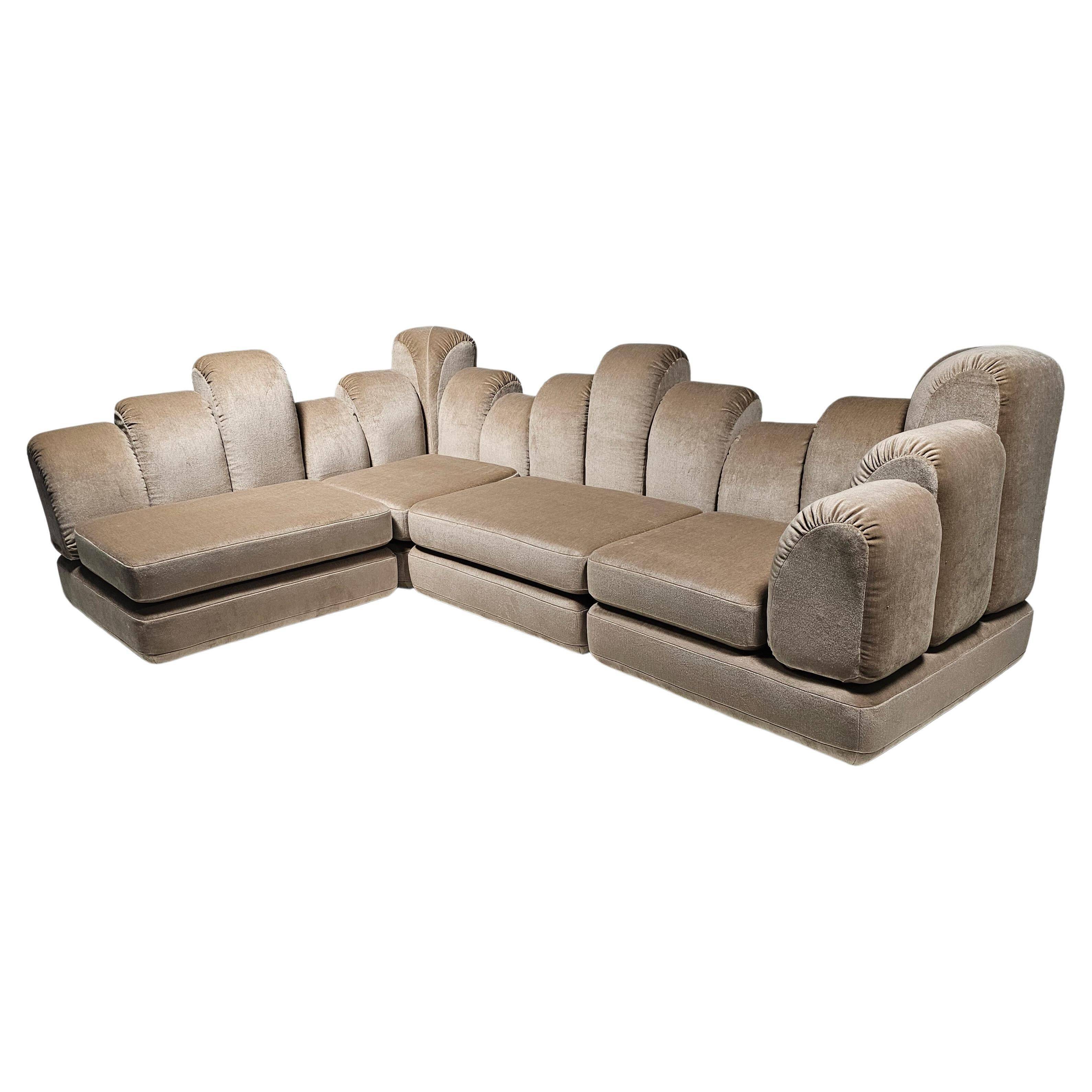 Beige mohair velvet sectional sofa by Hans Hopfer, Roche Bobois.
