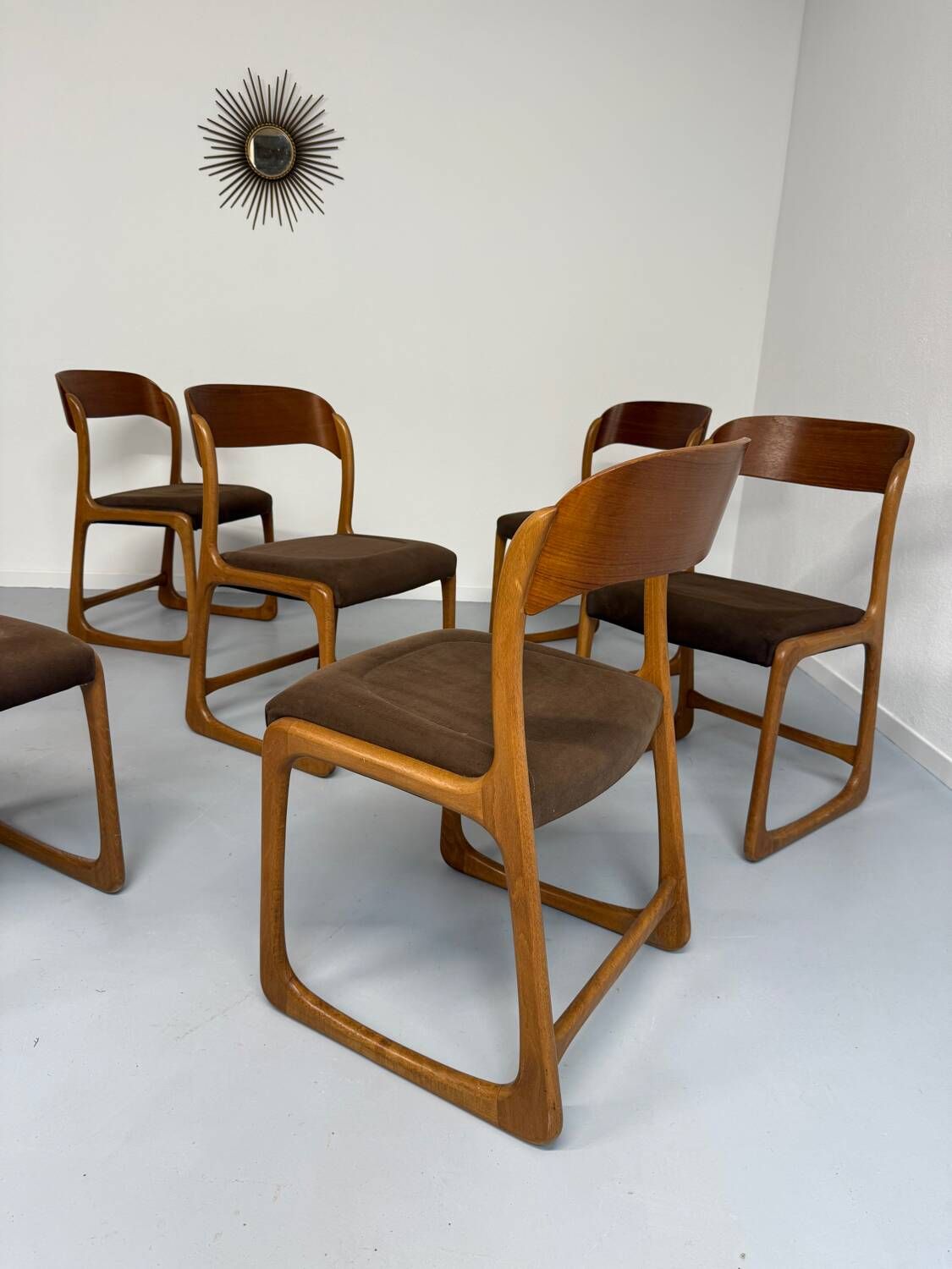 Set of 6 Baumann sleigh chairs in wood and brown fabric, original 1960s