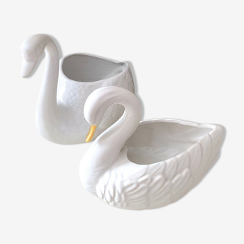 Lot de deux pots de fleur vintage cygne